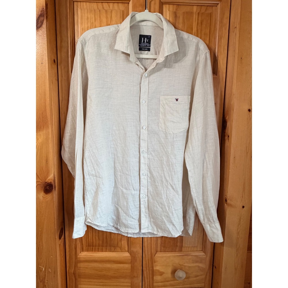 Harsh Vardhan HV Men Pure Linen Button Up Shirt 40 cm Tailored Cream Long Sleeve